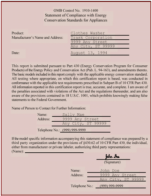 Image of a sample Compliance Statement with the following: product name; manufacturer name and address; date; statement that the product complies with the standard; contact for further information; name of a third party who prepared the compliance statement, if applicable; and the signature, printed name, address, and phone number of person submitting the compliance statement.