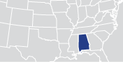 A partial map of the United States with the state Alabama highlighted.