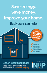 The flier for EcoHouse, with the headline 'Save energy, save money, improve your home' and the text 'EcoHouse can help' below. Under that is a drawing of a house, and the INHP logo.