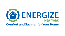 Blue and Green logo that depicts a house surrounded by a blue and green segmented circle with the words ENERGIZE NEW YORK Comfort and Savings for Your Home