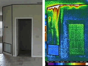 Two photos side by side showing energy loss through the use of infrared technology.
