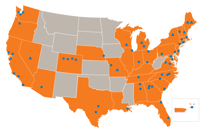 map of united states with blue shading, and orange pinpoints scattered throughout the shaded states