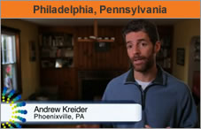 Photo of a man facing the camera, being interviewed, with the name on the screen: Andrew Kreider, Phoenixville, PA.