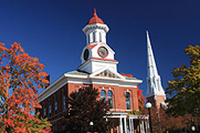 Photo of an ornate historical building, with flowering trees beside it.