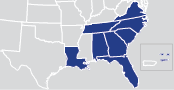 An image of a partial map of the United States with the several states highlighted: Virginia, North Carolina, South Carolina, Tennessee, Georgia, Alabama, Florida, and Louisiana.