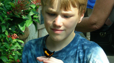 Photo of a young boy outdoors looking at a butterfly on his hand.