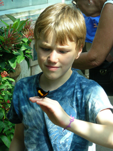 Photo of a young boy outdoors looking at a butterfly on his hand.