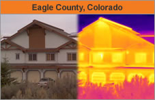 Two photos side by side, one a regular photo of a house, and the other the same house image but overlaid with fluorescent coloring marking areas of energy efficiency or loss. The headline over the photo reads 'Eagle County, Colorado.'