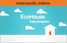 Logo image of the EcoHouse Loan Program. The headline over the photo reads 'Indianapolis, Indiana.'