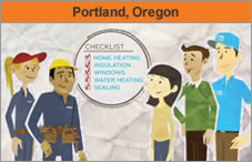 Graphic of five people of varying genders and ethnicities, standing next to a circle that has a home energy checklist in it. The headline over the photo reads 'Portland, Oregon.'