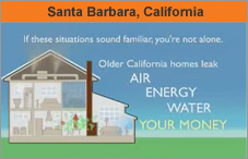 Graphic of a house, showing the rooms inside, and reading 'If these situations sound familiar, you're not alone. Older California homes leak AIR, ENERGY, WATER, YOUR MONEY.'