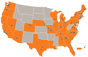 map of united states with blue shading, and orange pinpoints scattered throughout the shaded states