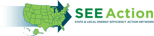 Graphic of logo of the State and Local Energy Efficiency (SEE) Action Network, which includes a green map of the United States with all the states outlined placed over a large arrow.