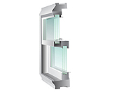 Image shows a bottom corner cut-out of a window with a wood frame holding three panes of glass.