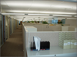 Photo of the interior of an office building with cubicles and spectrally enhanced lighting on the ceiling giving off a warm glow. 