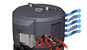 Illustration of a cross-section of the GE GeoSpring Electric Heat Pump Water Heater that shows how cool air is warmed by the coils that line the inside of the heat pump from top to bottom.