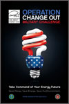 An image of a poster features a single red, white and blue compact florescent light bulb (CFL).