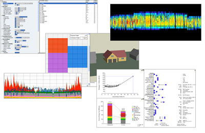 Collage of images taken from various BEopt output screens. The top, left image lists building measures and design elements with a base point, current point, and available options for that measure. The top, right image shows a colorful wave spectrum and has no label. In the middle is a 3-D model of a home with an attached chart showing three blocks of color. The bottom, left graph shows spikes along a spectrum with no label. The bottom, right image shows a plotted line graph with source energy savings relative to mortgage and utility costs, a listing of individual measures similar to those shown in the top, left graph, and a segmented vertical bar chart comparing base costs to the model inputted.