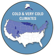 This map shows the Cold & Very Cold Zones of the United States. The far tips of North Dakota, Maine, and southern Alaska are shown as Very Cold. The northern half of the United States is labeled Cold.