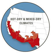 This map shows the Hot-Dry and Mixed-Dry Zones of the United States. The zone contains the eastern side of California and follows the US border to cover the western half of Texas.