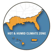 This map shows the Hot & Humid Climate Zones of the United States. This zone covers eastern Texas through Florida and reaches up to mid-Georgia; it also includes Puerto Rico and Hawaii.