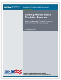 This image shows a cover of a report titled "Building America House Simulation Protocols." The Building America logo is shown in the lower left corner of the report cover.