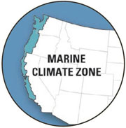 This map shows the Marine Climate Zone of the United States. This zone contains the far western Pacific coast stretching from the Canadian border to mid-California.