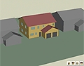 Image is a rendering of a two-story residential building with an entrance on the front. To the right of this building is another large building shaded in gray, and to the left is a smaller structure shaded in gray.