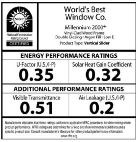 Example of National Fenestration Rating Council (NFRC) label, including brand name, U-Factor, Solar Heat Gain Coefficient, Visible Transmittance, and Air Leakage ratings.