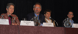 Photo of one woman and three men sitting side by side at a table, in front of microphones