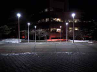 Photo at night of an empty street or parking lot with two rows of bright streetlights.
