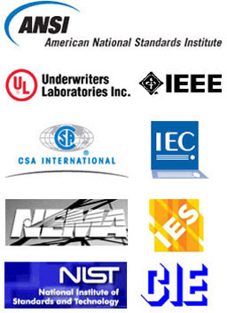Standards Development Partner Logos: American National Standards Institute (ANSI), Underwriters Laboratory (UL), CSA International, IEC, NEMA, IES, National Institute of Standards and Technology (NIST), IEEE and CIE.