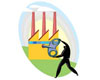 Illustration of a person holding a large key in front of a factory building.