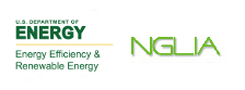 Image containing the DOE logo and the NGLIA logo. The DOE logo is a green ring containing the words 'Department of Energy United States of America', and in the center of the ring is a shield containing images representing various energy sources, with the head of an eagle on top of the shield; to the right is the NGLIA logo, consisting simply of the letters of the acronym.