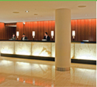 Photo of a hotel lobby reception desk.