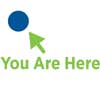 Image of a large blue dot with a green arrow pointing to it and green text below stating You Are Here.
