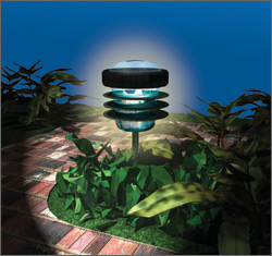 Illustration showing a brick sidewalk lit by a solar-powered outdoor walk light.