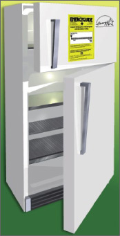 Illustration of a fridge with freezer on top.