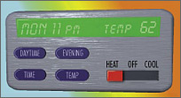 Illustration shows a thermostat in winter set at 62 degrees at 11pm at night.