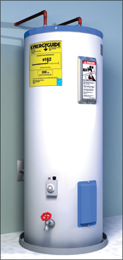 Illustration of a gas water heater with an EnergyGuide label.