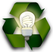 Image of a compact fluorescent bulb over a recycling symbol.