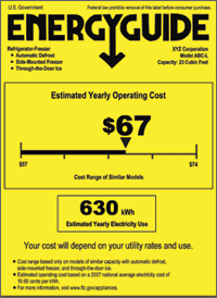 Image of the yellow EnergyGuide label with arrows pointing to two numbers in large type. The estimated yearly operating cost is $67 and the estimated yearly electricity use is 630 kilowatt hours.