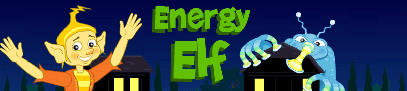 Illustration for the Energy Elf game. The Energy Elf, a young boy with large pointed ears and a lightning bolt-shaped hairstyle, smiles brightly with his arms spread wide. In the background is a city at night, with lights shining brightly through the windows. The Power Gobblin', a massive, house-sized blue monster with wiggly antennae and a long snout, is sucking energy out of one of the homes. In the middle are the words, 'Energy Elf.'