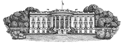 Black and white illustration of the White House.