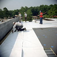 Photo of four man installing white roof sheets on top of a flat roof. One man is drilling the sheets to attach them to the sub-roof. Trees stand in the background.