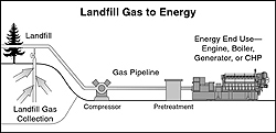 Illustration of how landfill gas is delivered via a pipeline to a compressor. Then it is piped to a pretreatment area, where it eventually goes to an energy end use point such as an engine, boiler, generator, or combined heat and power system.