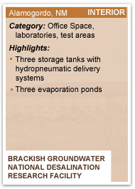 Graphic of the back of a baseball card showing statistics for the Brackish Groundwater National Desalination Research Facility. The building is located in Alamogordo, NM, is in the category Office Space/Laboratories/Test Areas, is 15,200 sq ft, and has an energy baseline of 125.6 KBtu/sq ft. It's highlights include three storage tanks with hydropneumatic delivery systems and three evaporation ponds.