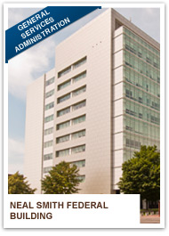 Graphic of a baseball card showing a photo of the Neal Smith Federal Building.