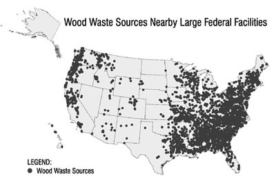 Map showing wood waste sources nearby large federal facilities.