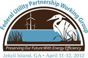 Logo for the FUPWG Spring 2012 meeting showing a crane, a lake, and wind turbines. The logo reads: Preserving our future with energy efficiency.